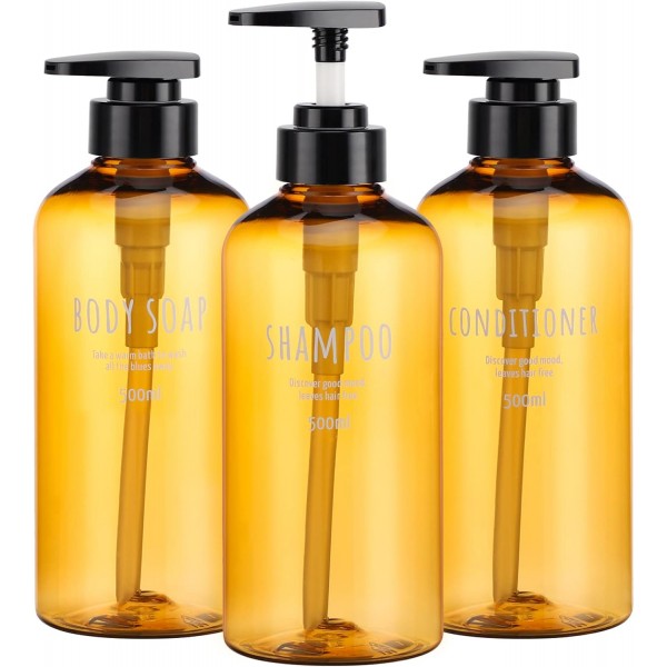 Segbeauty 3pcs 500ml Dispenser Bottles for Liquid Body Soap Shampoo Conditioner Shower Gel Hotel Plastic Press Lotion Dispenser for Bathroom - Brown  